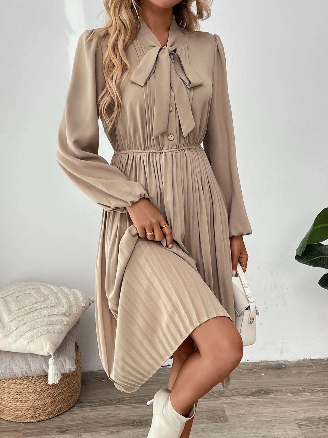 Perfee Pleated Tie Neck Long Sleeve Dress - Free Shipping - Aurelia Clothing