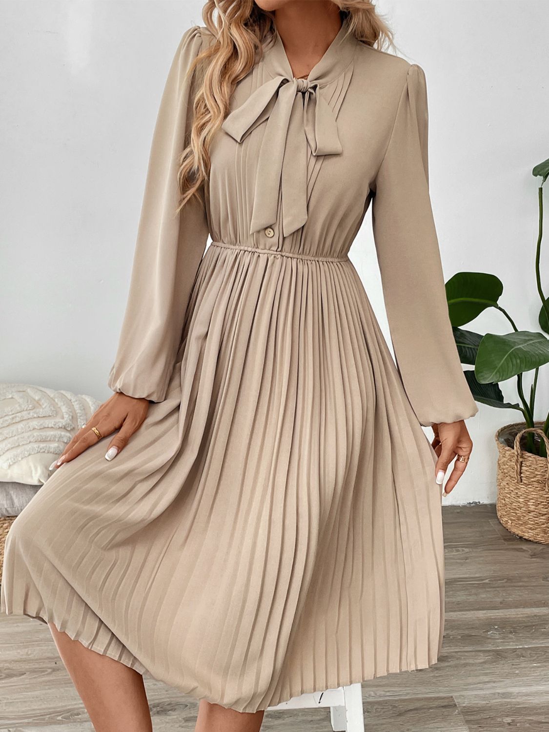 Perfee Pleated Tie Neck Long Sleeve Dress - Free Shipping - Aurelia Clothing