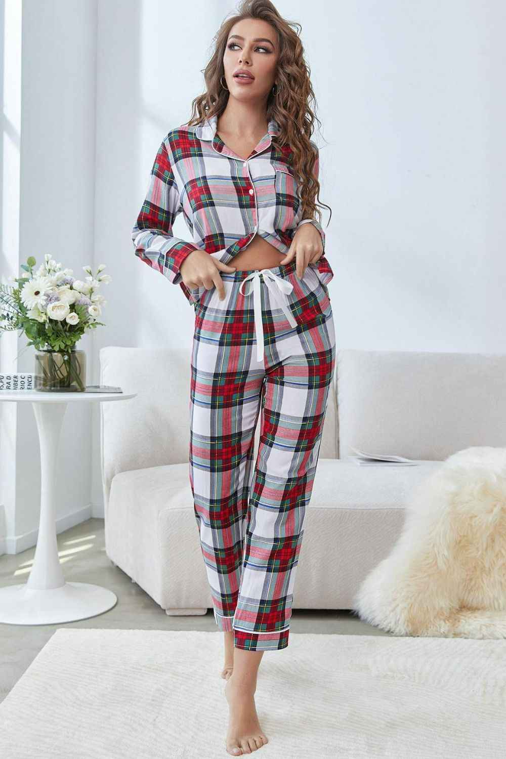 Plaid Button Front Top and Pants Lounge Set - Aurelia Clothing