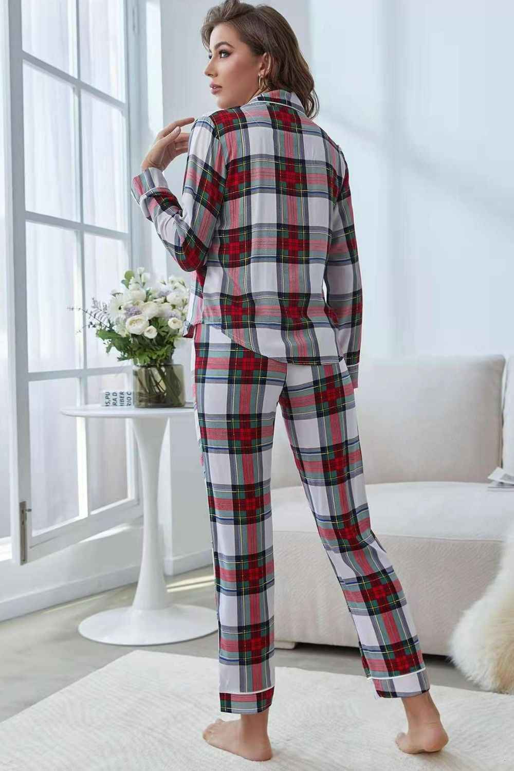 Plaid Button Front Top and Pants Lounge Set - Aurelia Clothing