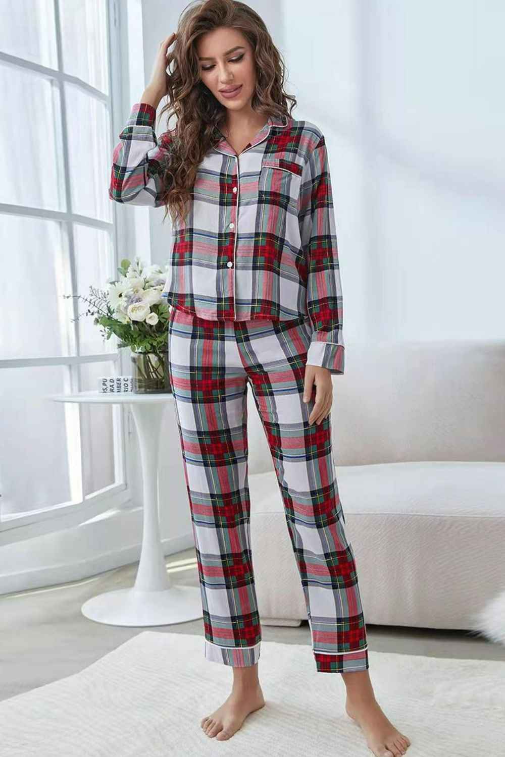 Plaid Button Front Top and Pants Lounge Set - Aurelia Clothing
