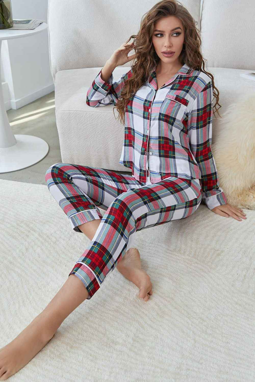 Plaid Button Front Top and Pants Lounge Set - Aurelia Clothing