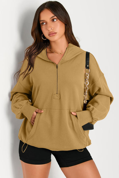 Pocketed Half Zip Long Sleeve Hoodie - Aurelia Clothing