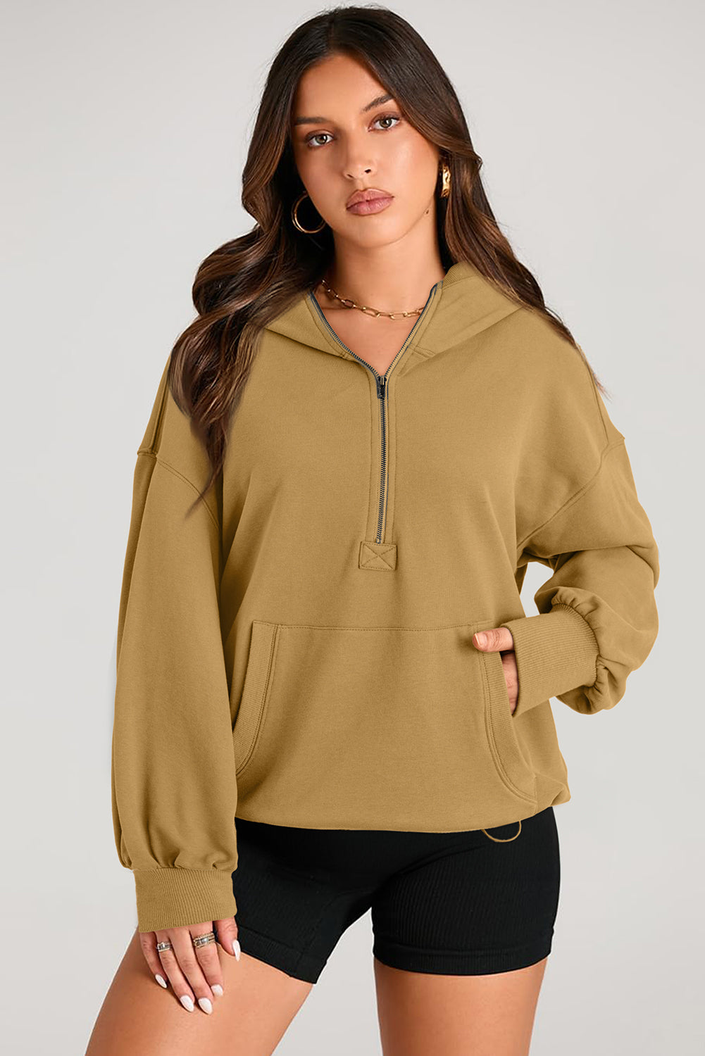 Pocketed Half Zip Long Sleeve Hoodie - Aurelia Clothing