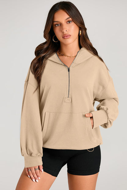 Pocketed Half Zip Long Sleeve Hoodie - Aurelia Clothing
