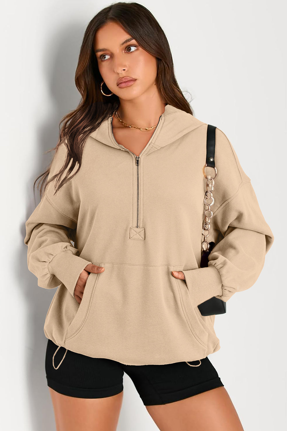 Pocketed Half Zip Long Sleeve Hoodie - Aurelia Clothing