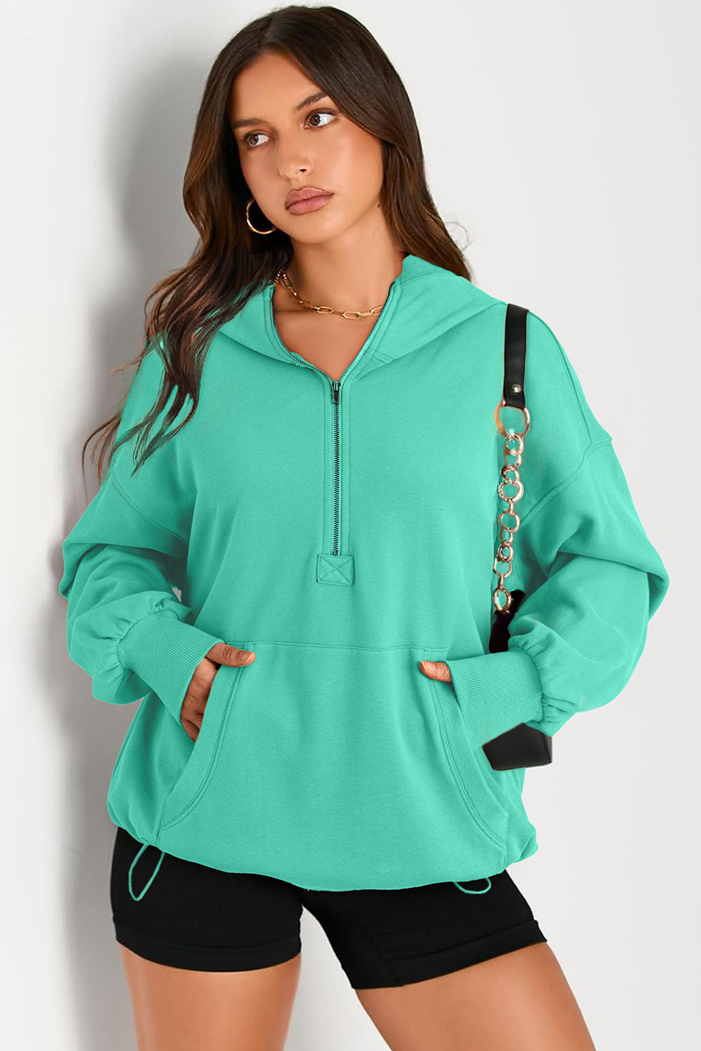 Pocketed Half Zip Long Sleeve Hoodie - Aurelia Clothing