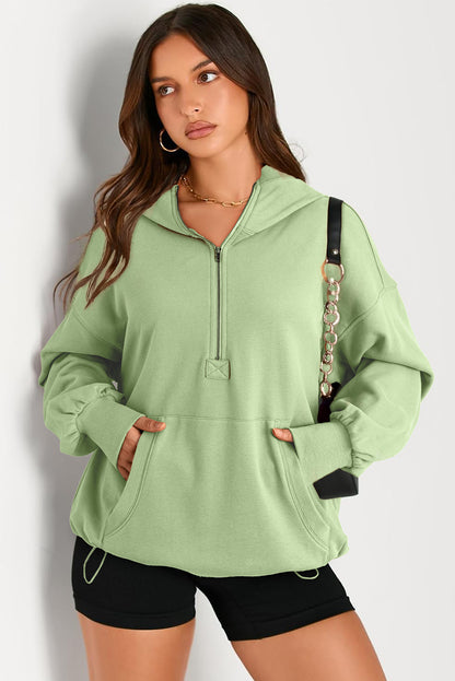 Pocketed Half Zip Long Sleeve Hoodie - Aurelia Clothing