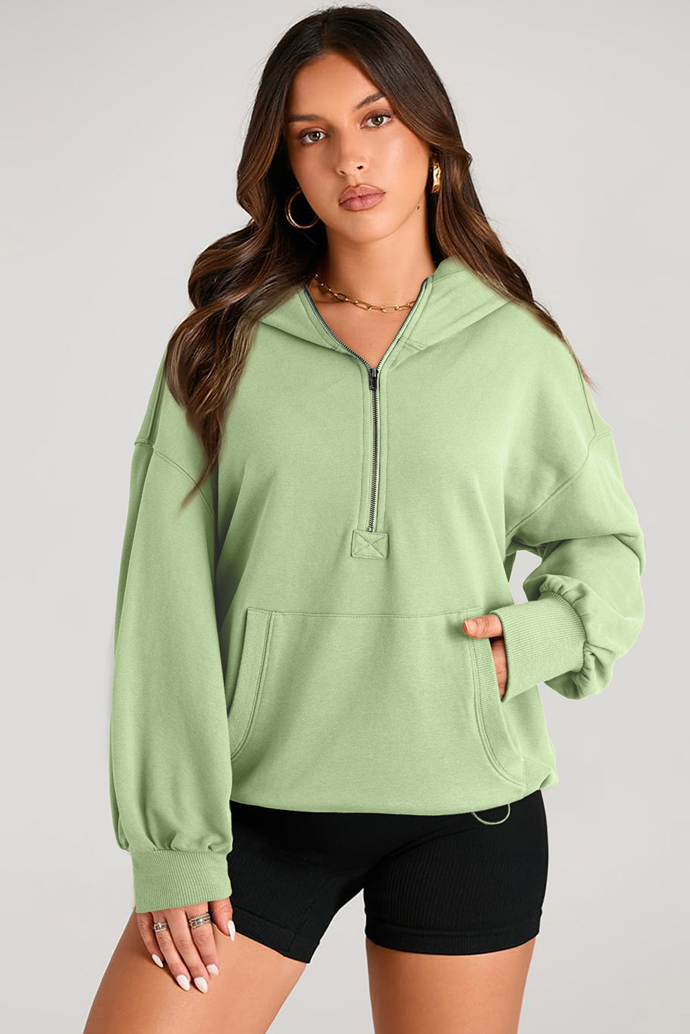 Pocketed Half Zip Long Sleeve Hoodie - Aurelia Clothing