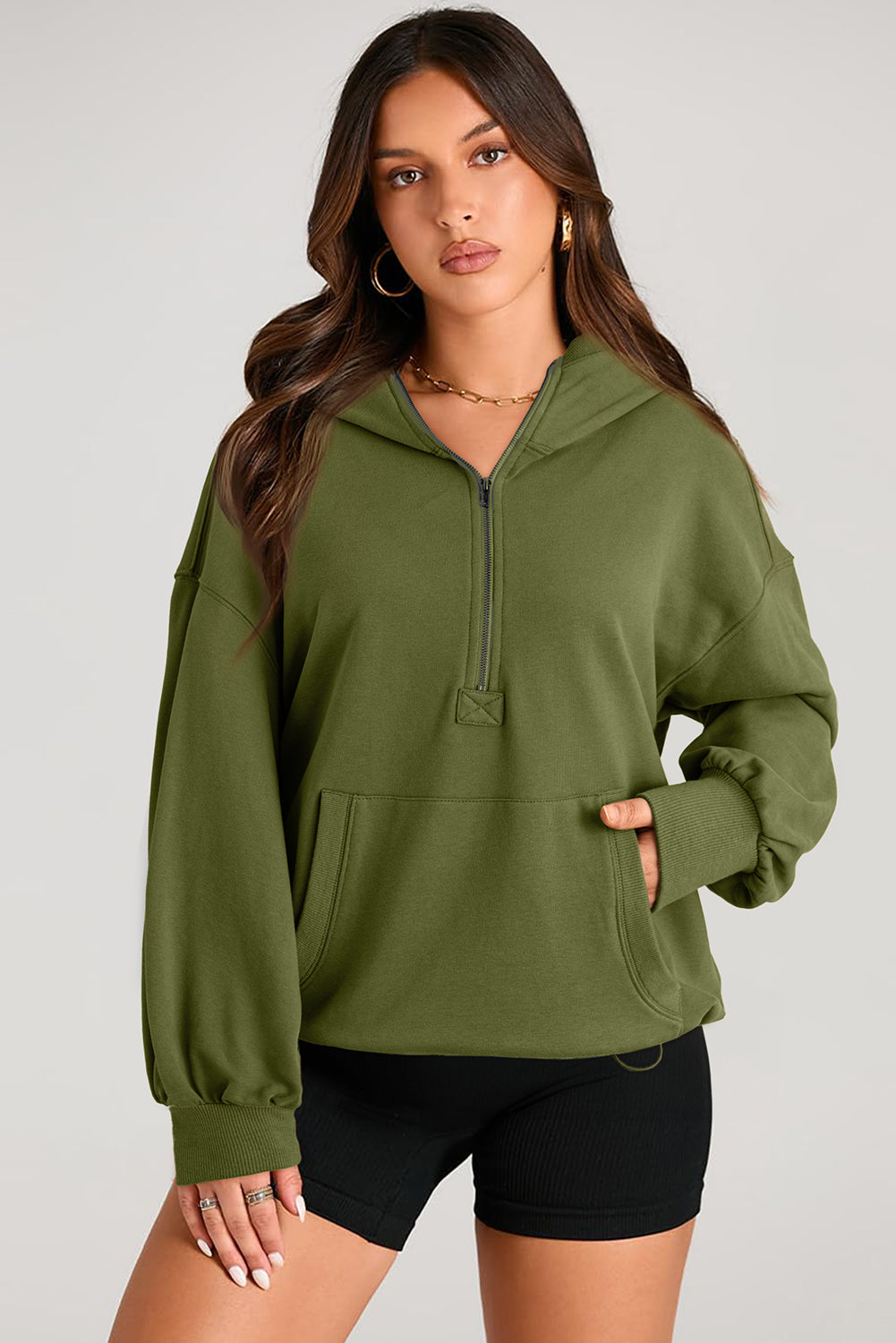 Pocketed Half Zip Long Sleeve Hoodie - Aurelia Clothing