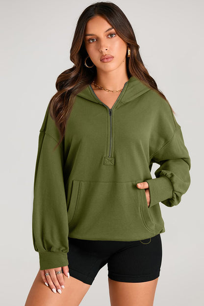 Pocketed Half Zip Long Sleeve Hoodie - Aurelia Clothing