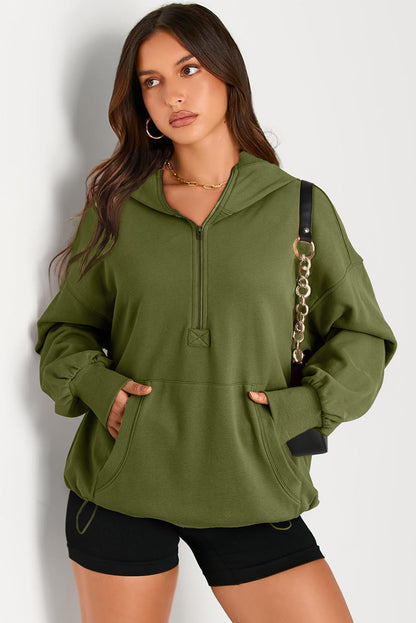 Pocketed Half Zip Long Sleeve Hoodie - Aurelia Clothing