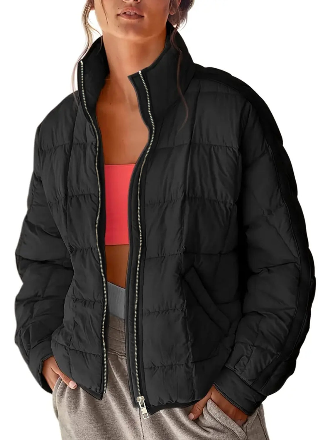 Pocketed Plaid Quilted Zip Up Winter Coat - Aurelia Clothing