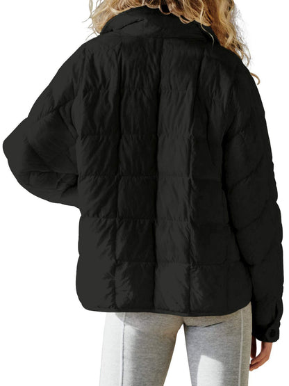 Pocketed Plaid Quilted Zip Up Winter Coat - Aurelia Clothing