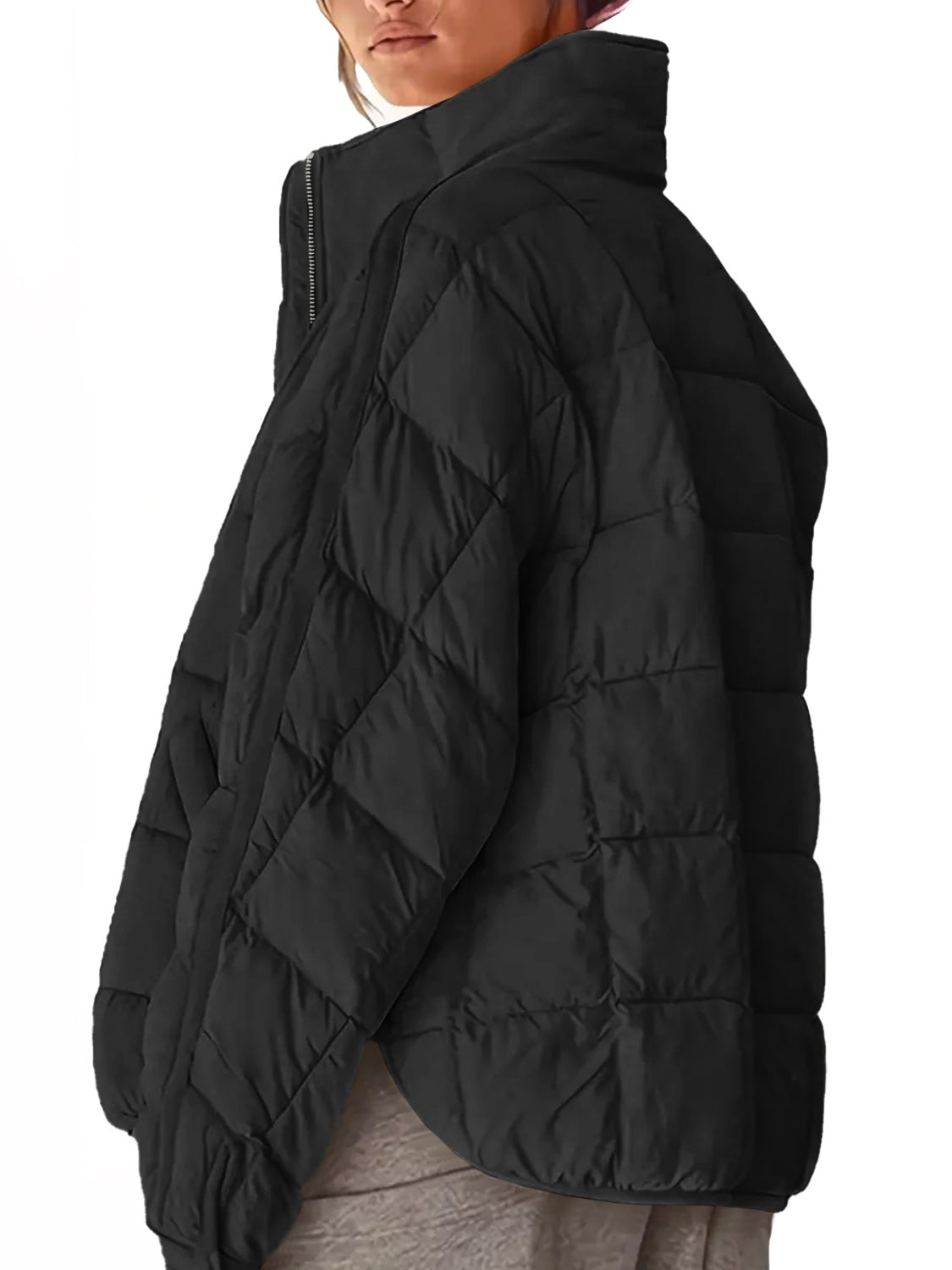 Pocketed Plaid Quilted Zip Up Winter Coat - Aurelia Clothing