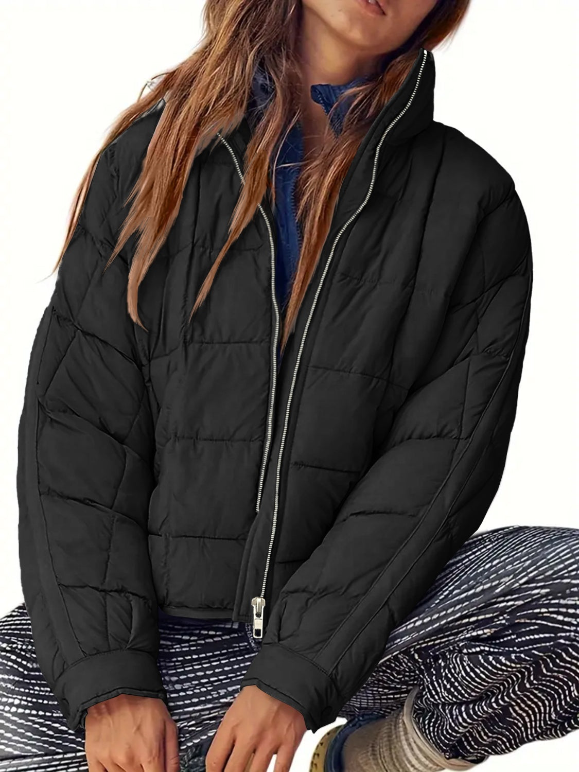 Pocketed Plaid Quilted Zip Up Winter Coat - Aurelia Clothing