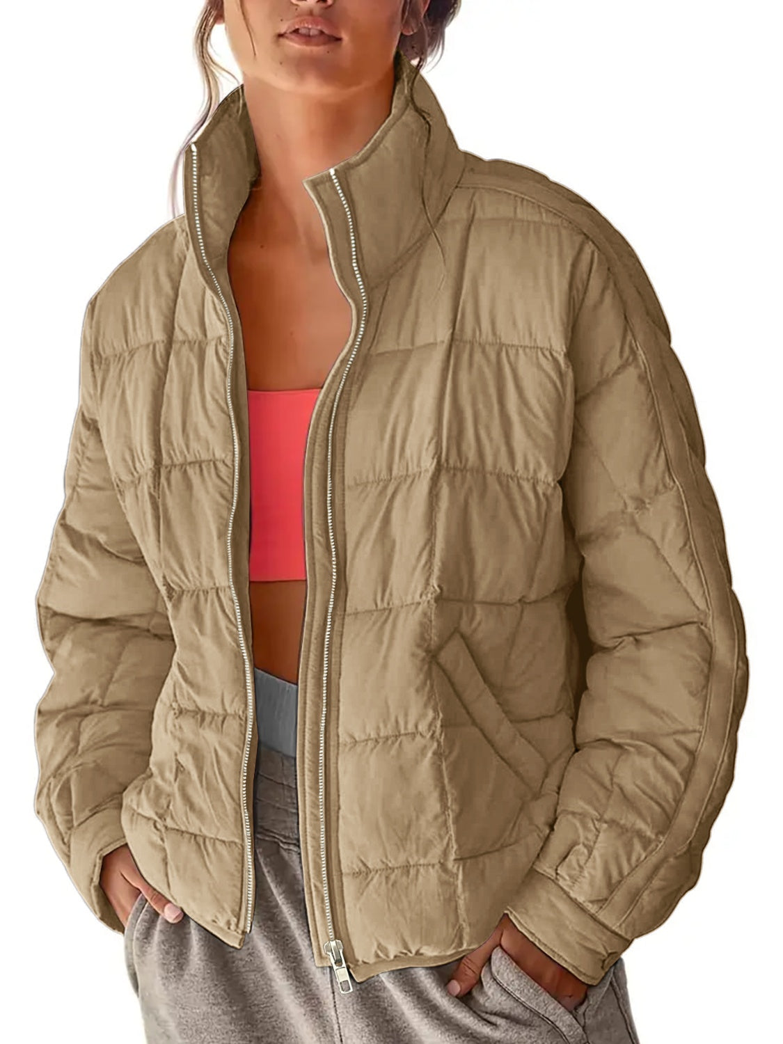 Pocketed Plaid Quilted Zip Up Winter Coat - Aurelia Clothing