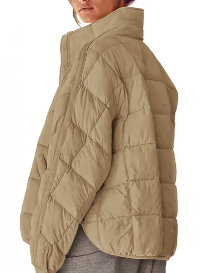 Pocketed Plaid Quilted Zip Up Winter Coat - Aurelia Clothing