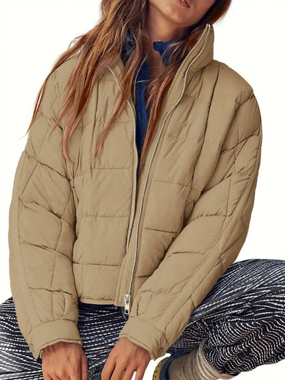 Pocketed Plaid Quilted Zip Up Winter Coat - Aurelia Clothing
