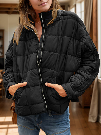 Pocketed Plaid Quilted Zip Up Winter Coat - Aurelia Clothing