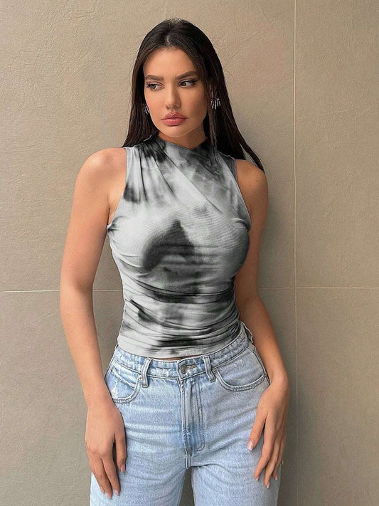 Printed Mock Neck Ruched Tank - Aurelia Clothing