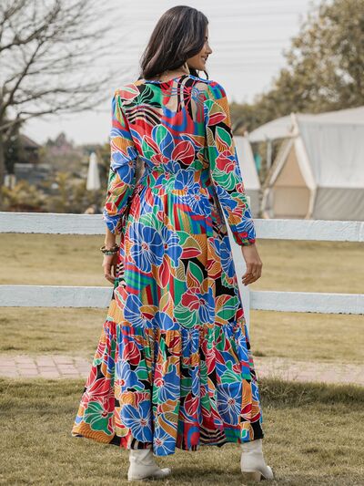 Printed Smocked Tie Neck Balloon Sleeve Maxi Dress - Aurelia Clothing