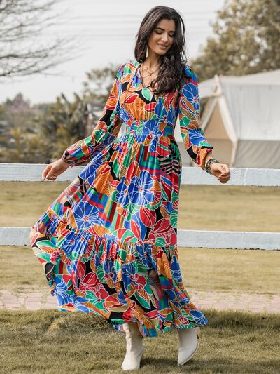 Printed Smocked Tie Neck Balloon Sleeve Maxi Dress - Aurelia Clothing