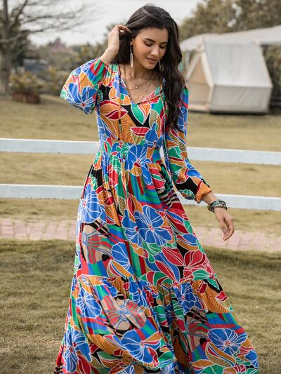 Printed Smocked Tie Neck Balloon Sleeve Maxi Dress - Aurelia Clothing