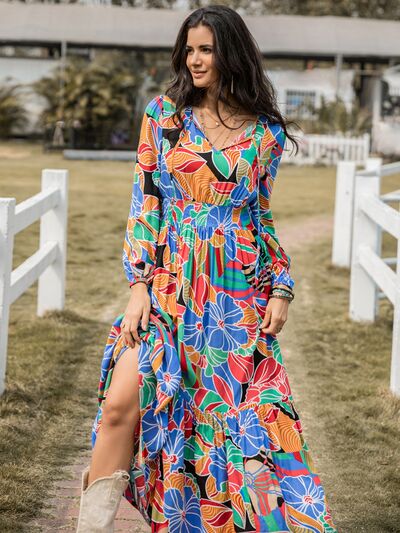 Printed Smocked Tie Neck Balloon Sleeve Maxi Dress - Aurelia Clothing
