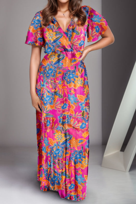 Printed Surplice Short Sleeve Maxi Dress - Aurelia Clothing