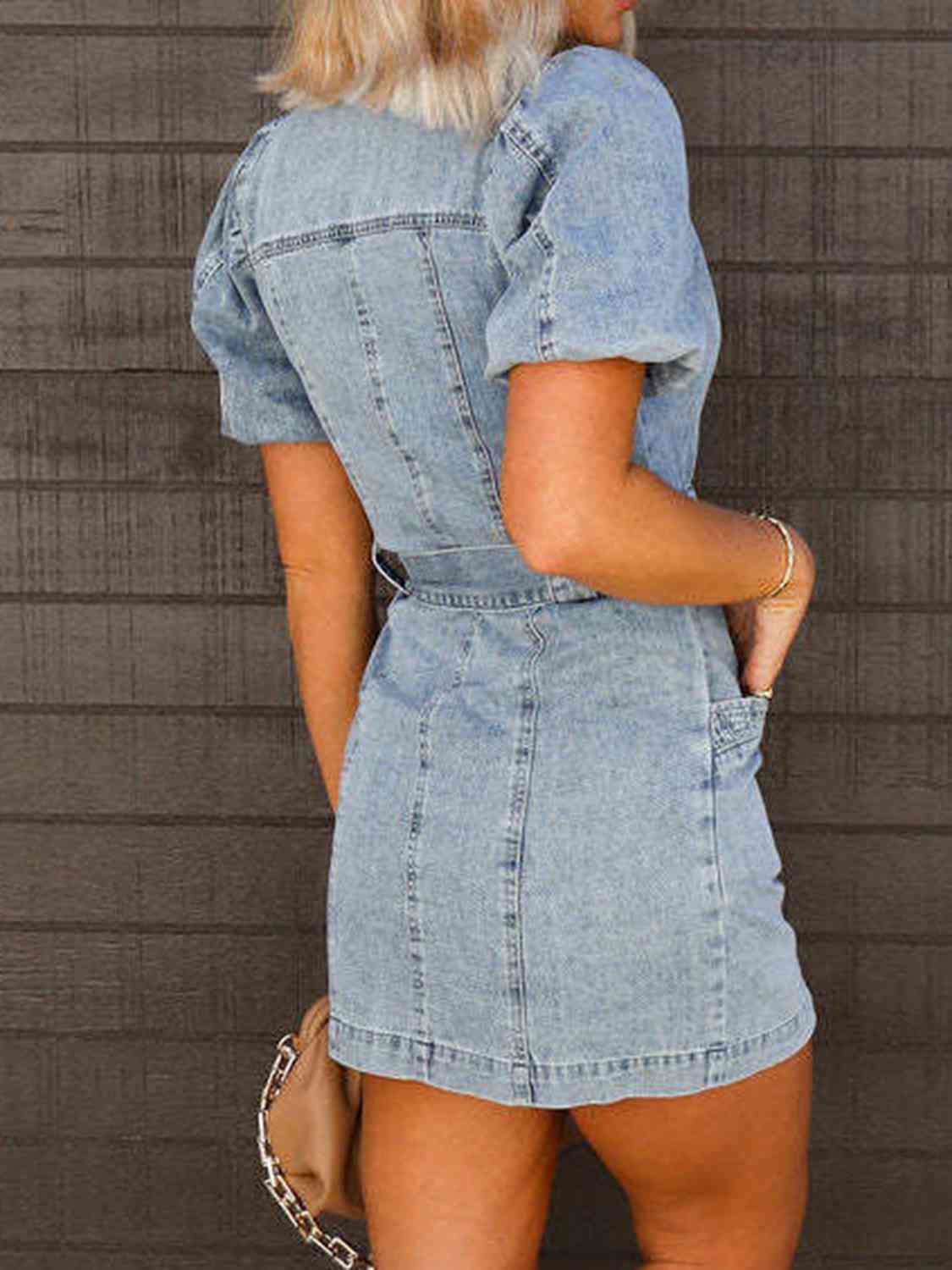 Puff Sleeve Button Up Mini Denim Dress - Aurelia Clothing