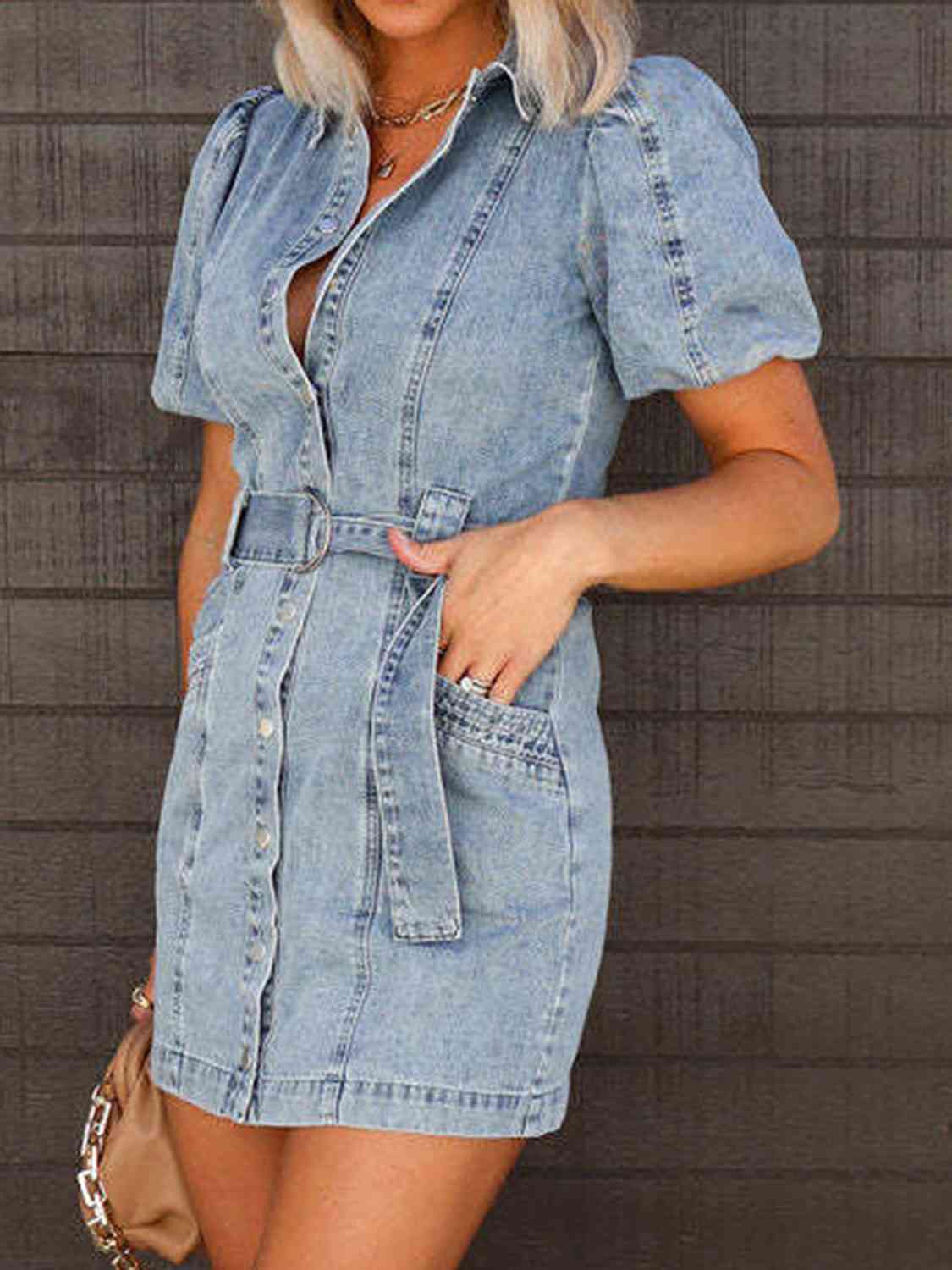 Puff Sleeve Button Up Mini Denim Dress - Aurelia Clothing