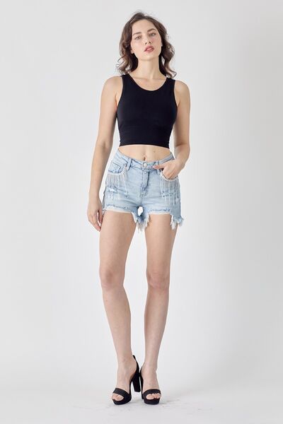 RISEN Frayed Hem Denim Shorts with Fringe Detail Pockets - Aurelia Clothing