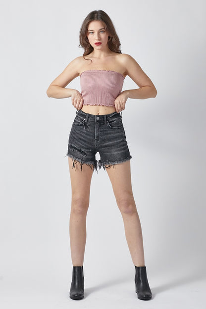RISEN Raw Hem Denim Shorts with Pockets - Aurelia Clothing