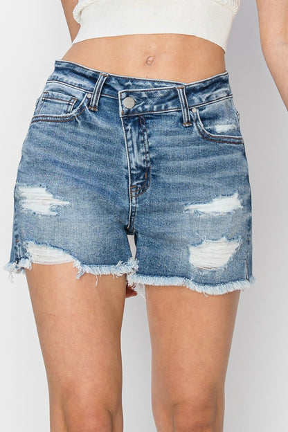 RISEN Stepped Waist Frayed Denim Shorts - Aurelia Clothing