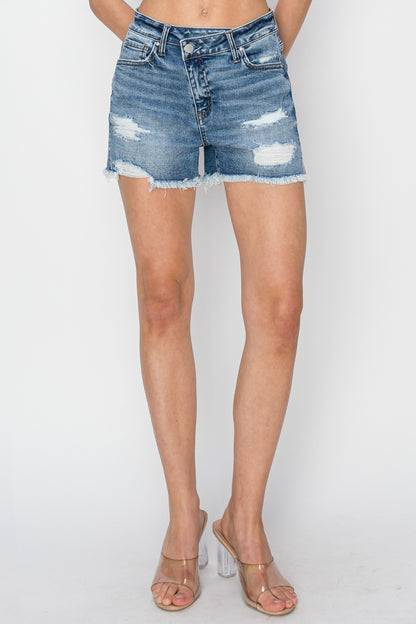 RISEN Stepped Waist Frayed Denim Shorts - Aurelia Clothing