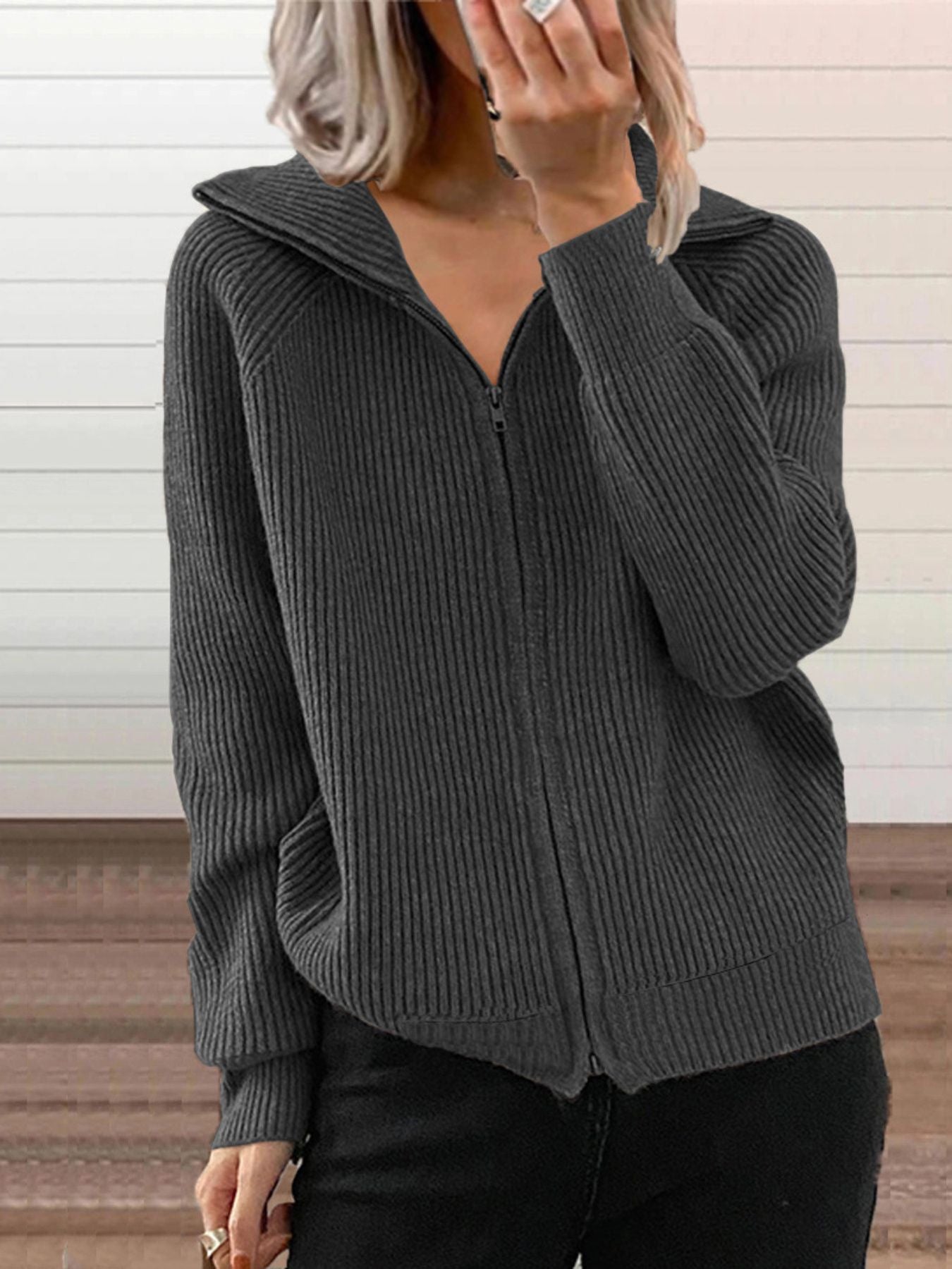 Ribbed Knit Zip-Up Outerwear Plus Size-Free Shipping - Aurelia Clothing