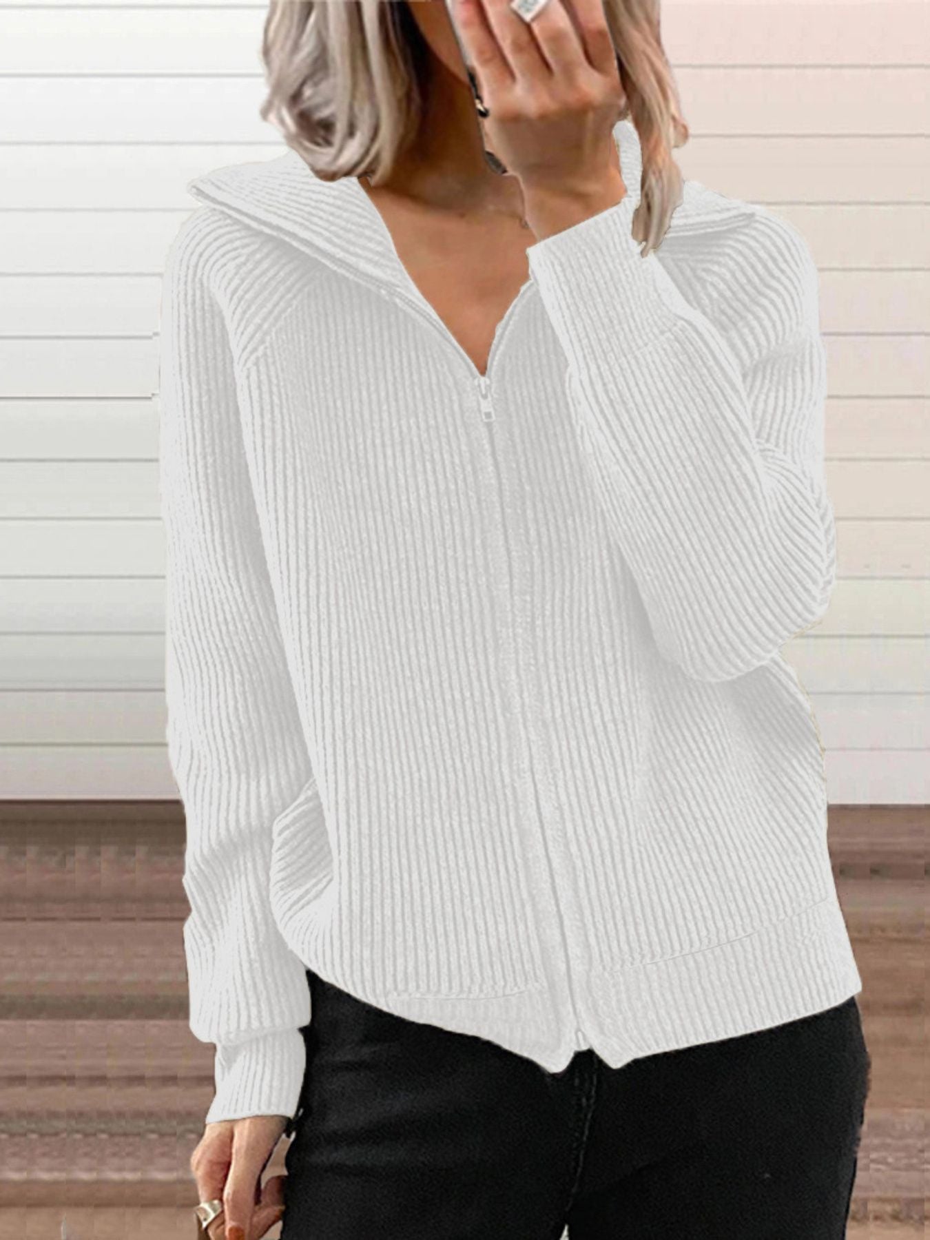 Ribbed Knit Zip-Up Outerwear Plus Size-Free Shipping - Aurelia Clothing