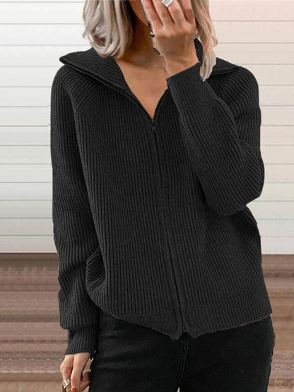Ribbed Knit Zip-Up Outerwear Plus Size-Free Shipping - Aurelia Clothing