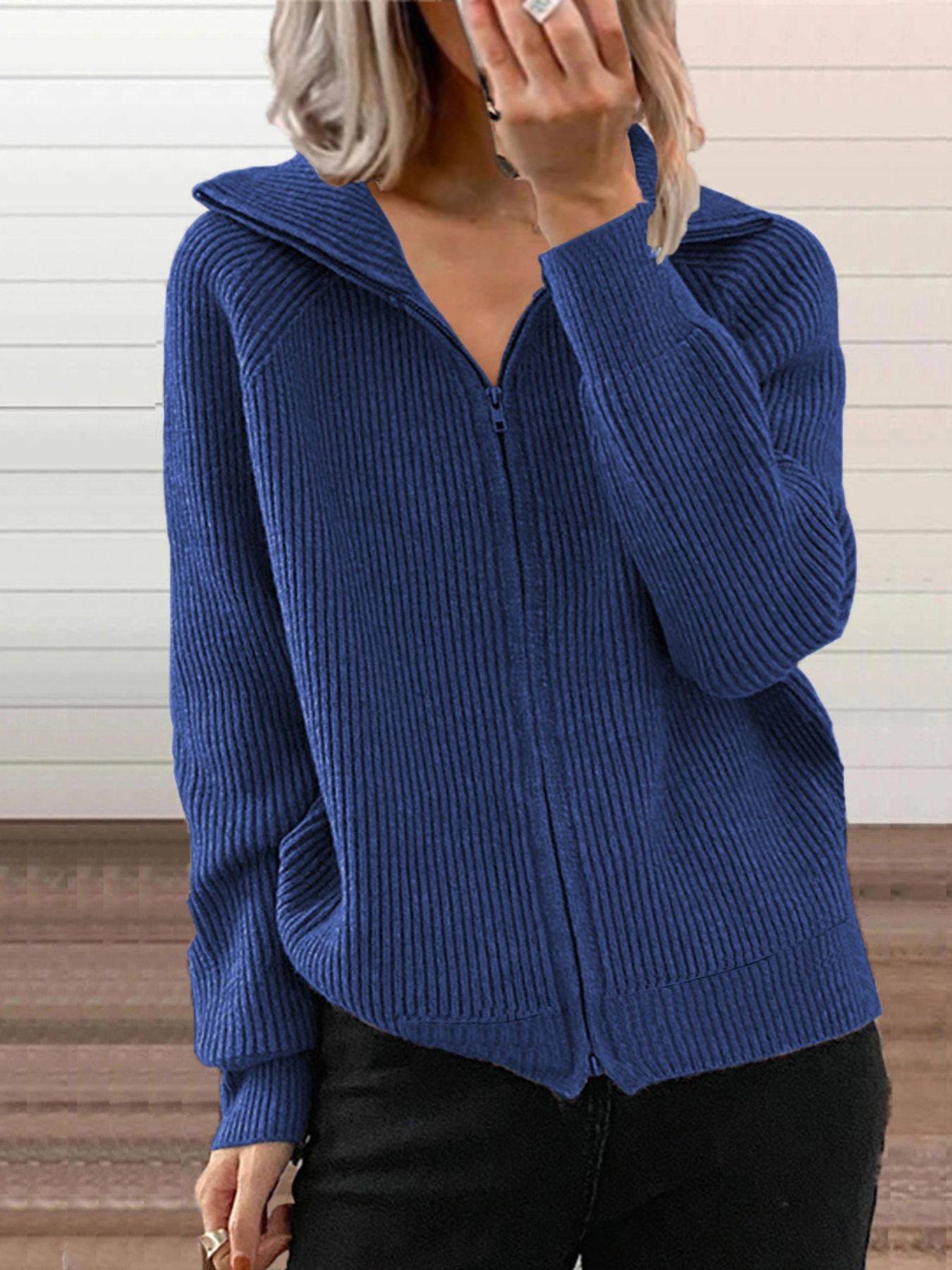 Ribbed Knit Zip-Up Outerwear Plus Size-Free Shipping - Aurelia Clothing