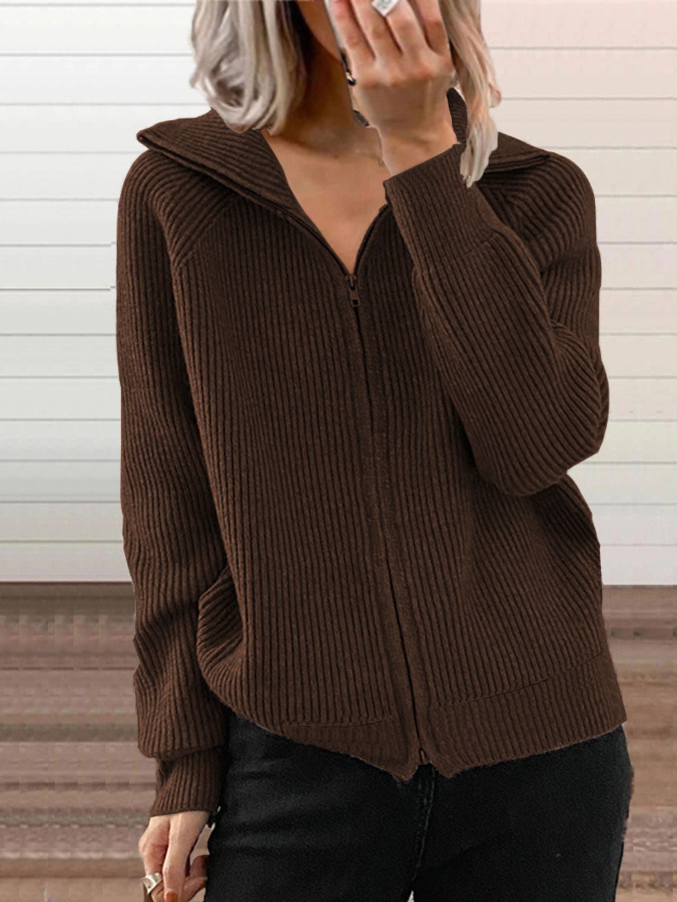 Ribbed Knit Zip-Up Outerwear Plus Size-Free Shipping - Aurelia Clothing