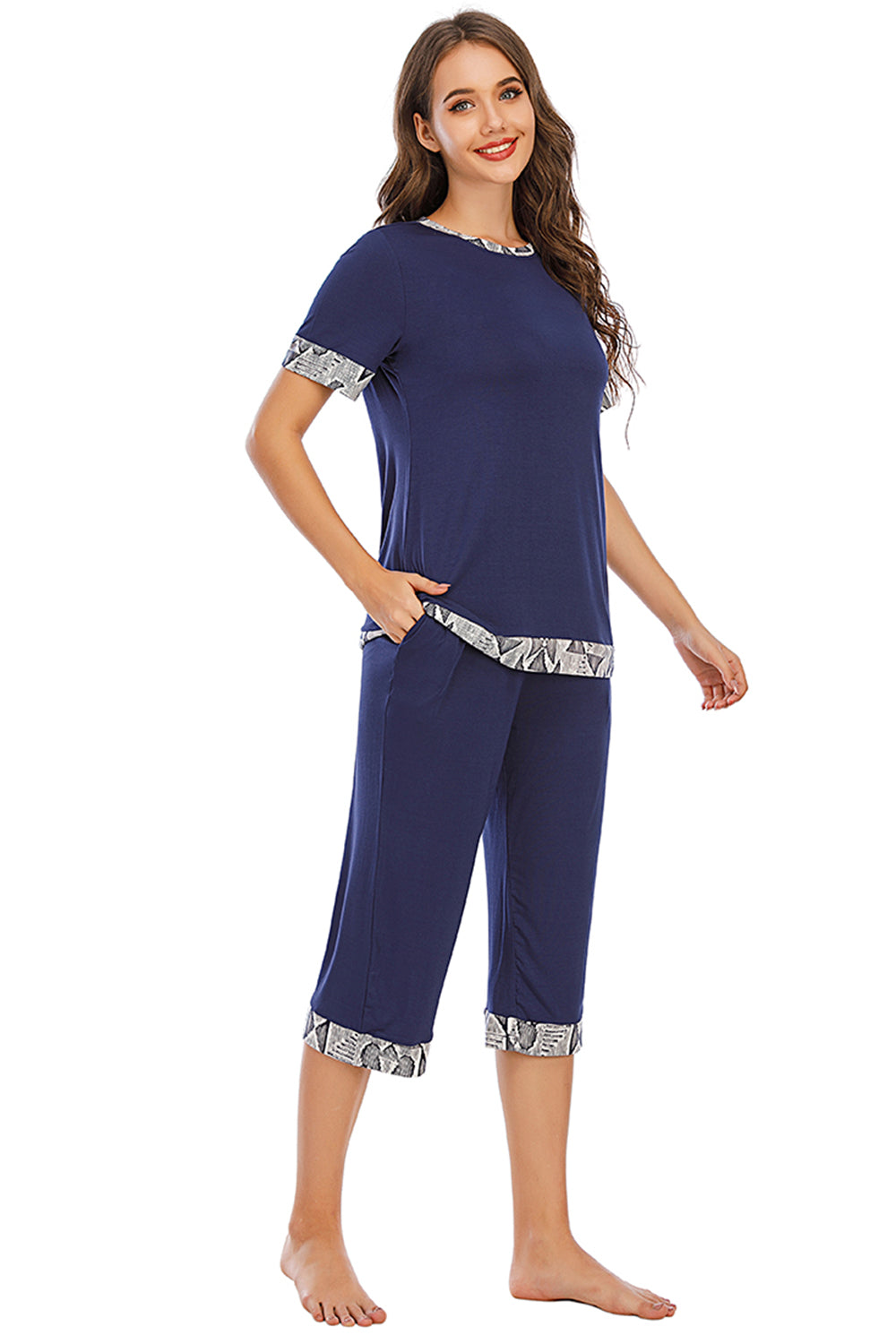 Round Neck Short Sleeve Top and Capris Pants Lounge Set - Aurelia Clothing