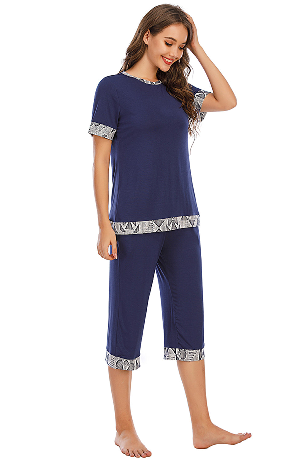 Round Neck Short Sleeve Top and Capris Pants Lounge Set - Aurelia Clothing
