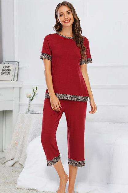 Round Neck Short Sleeve Top and Capris Pants Lounge Set - Aurelia Clothing