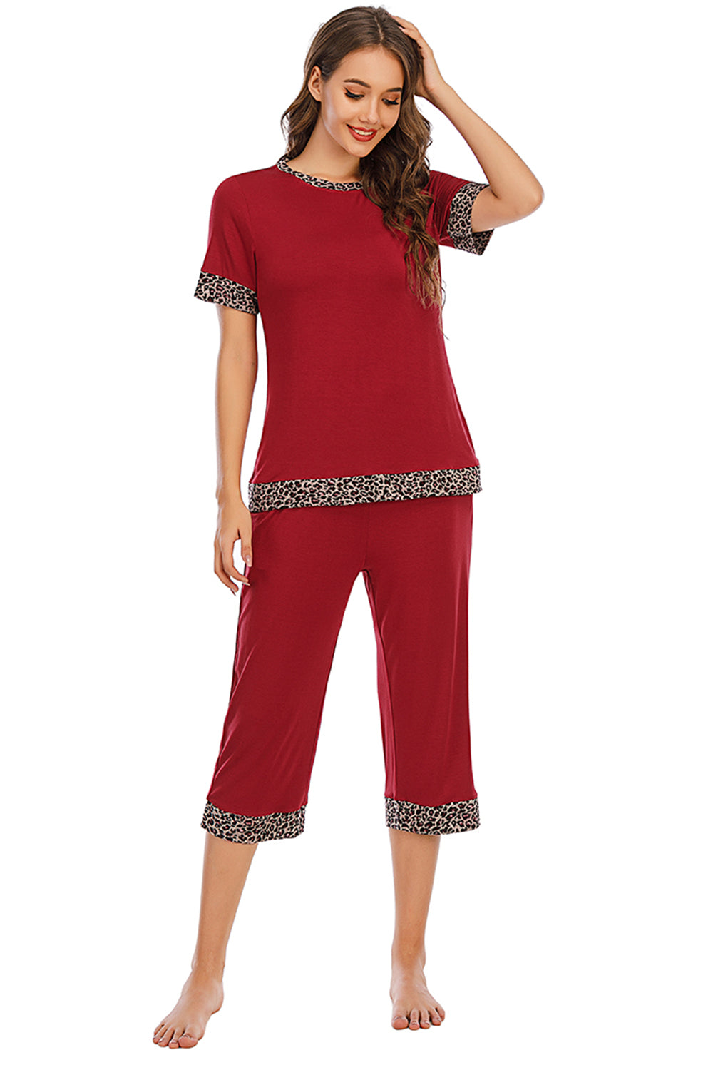 Round Neck Short Sleeve Top and Capris Pants Lounge Set - Aurelia Clothing