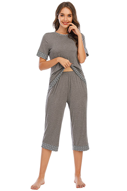 Round Neck Short Sleeve Top and Capris Pants Lounge Set - Aurelia Clothing