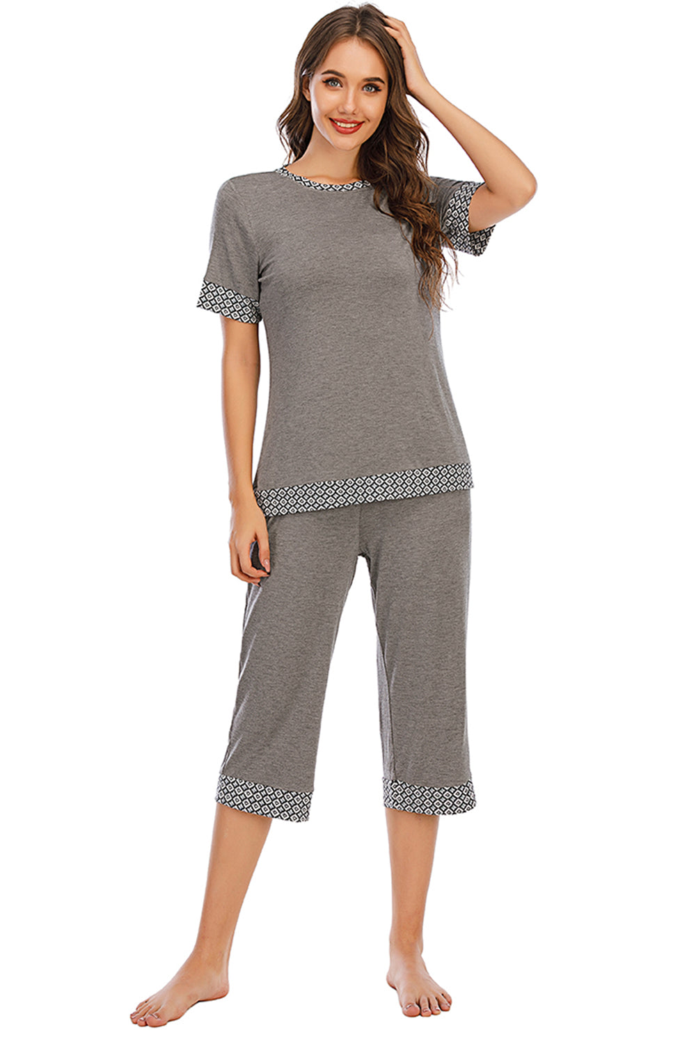 Round Neck Short Sleeve Top and Capris Pants Lounge Set - Aurelia Clothing