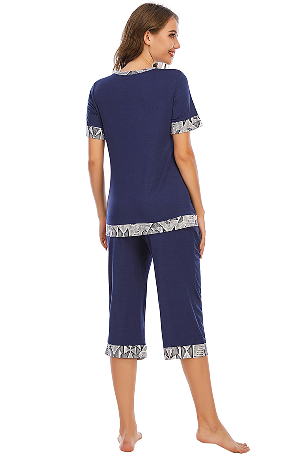 Round Neck Short Sleeve Top and Capris Pants Lounge Set - Aurelia Clothing
