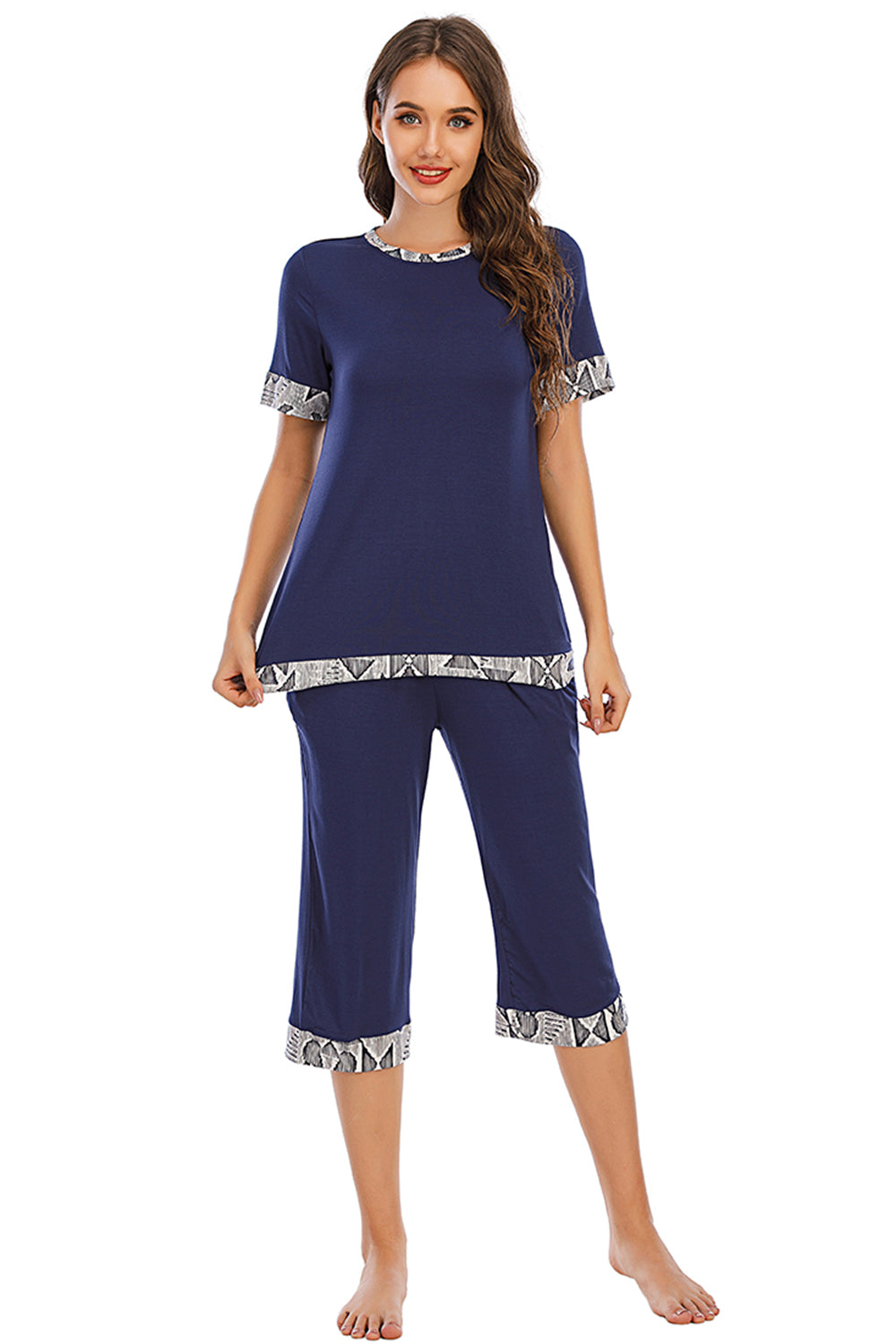 Round Neck Short Sleeve Top and Capris Pants Lounge Set - Aurelia Clothing