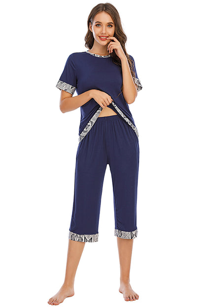 Round Neck Short Sleeve Top and Capris Pants Lounge Set - Aurelia Clothing